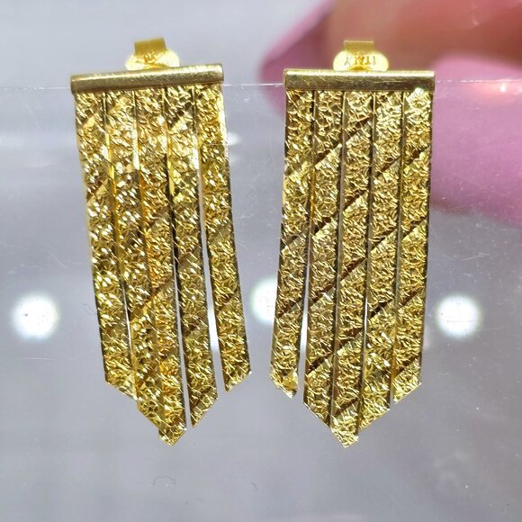 Vintage 14k Herringbone Chain Floral Pattern Chevron Dangle Italy Earrings - Picture 8 of 15